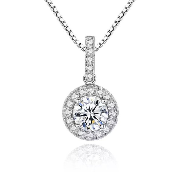 14k Gold 1ct. Lab Diamond Halo Necklace Italy Sterling Silver - Picture 4 of 10